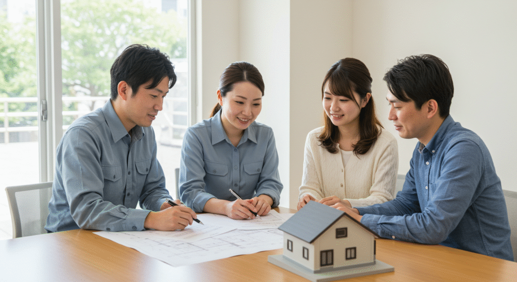 専門家(行政書士や建築士のイメージ)が移住希望者(夫婦や家族)と話し合い、書類や図面を広げて説明している様子