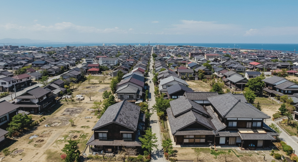 松山市の街並みと、その中に点在する空き家