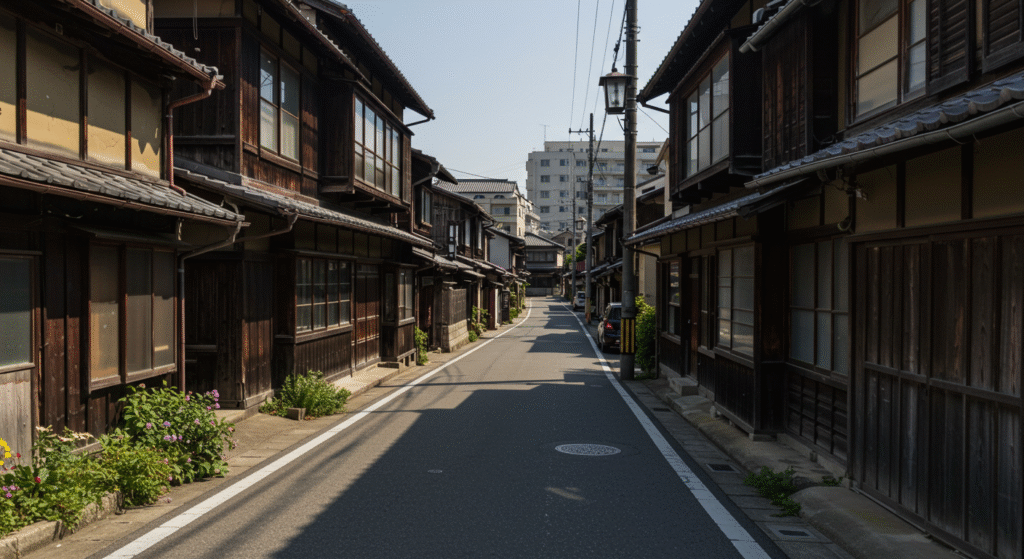 昔ながらの住宅地にある古い空き家と、その前の狭い道路。