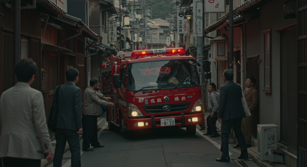 災害時のリスクを象徴する画像。狭い道路で緊急車両（消防車など）が曲がれずに立ち往生している様子を描写する。
