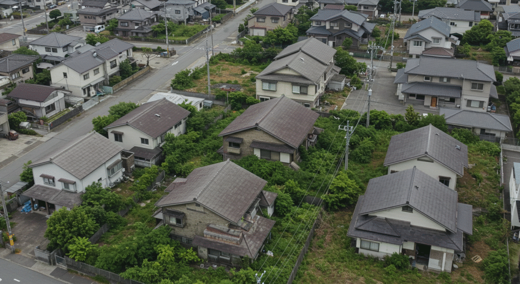 複数の家が荒れ放題になっている様子