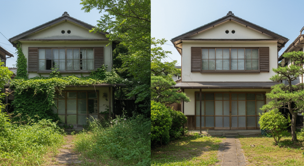 左側には雑草が生い茂り、荒れ果てた空き家。右側には、リフォームや庭の手入れがされて美しく蘇った同じ家屋