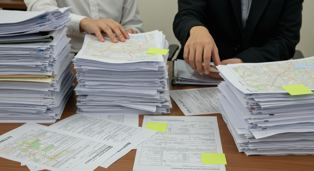 公式文書、申請書類、地図、メモ帳の山で埋め尽くされたオフィスデスク。