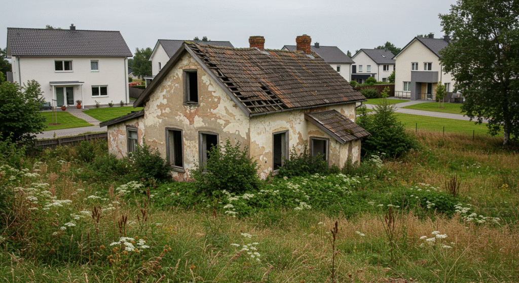 新しい住宅街と、手前には雑草が生い茂り、屋根が傷んだ古い一軒家。