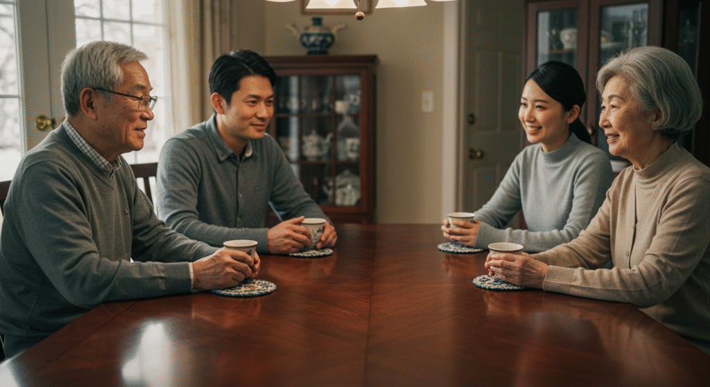 ティーカップが置かれたテーブルを囲み、老夫婦と成人した子どもが和やかに話している様子。