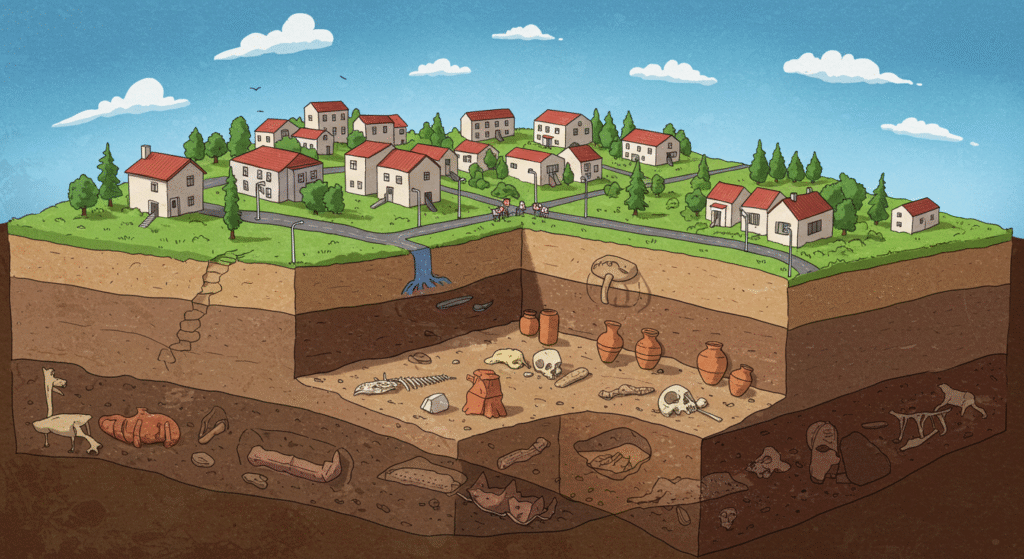 街の下に埋もれた遺跡や土器、骨などが描かれた、地層の断面図のようなイラスト。