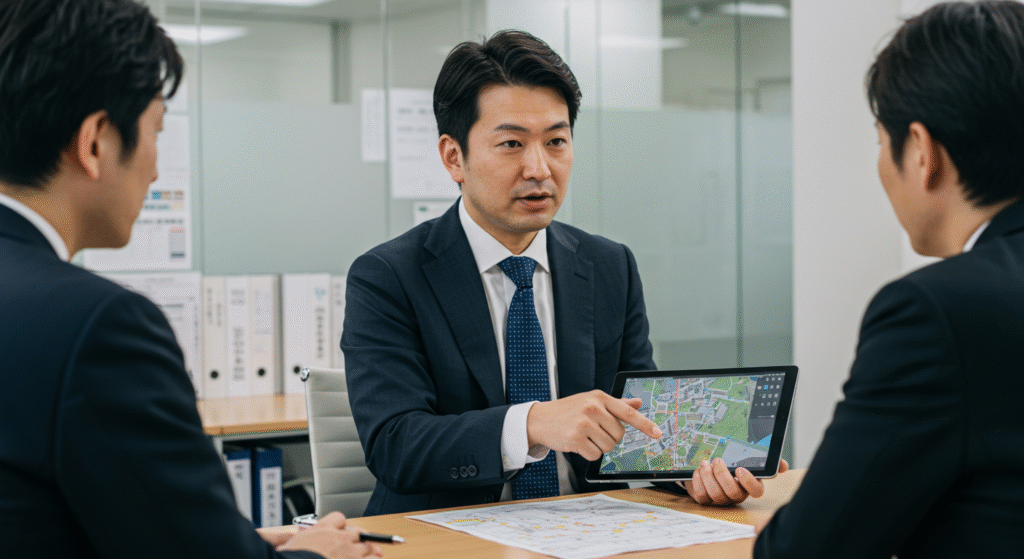 専門家（行政書士や宅地建物取引士）が、タブレットや資料を使いながら、依頼主と対話している様子。