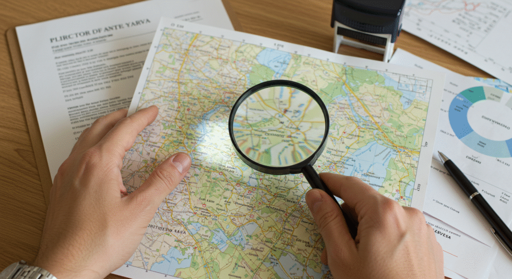 虫眼鏡で土地の地図を詳細に確認している手元のアップ。