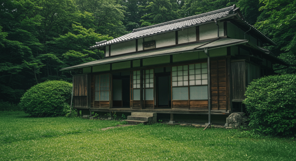 日本の田園風景にたたずむ、緑に囲まれた古い空き家。