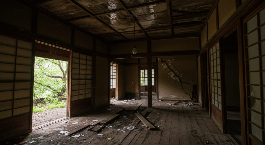 古い日本家屋の内部。壁に大きなひびが入り、天井には雨染みがあり、床板が壊れているなど、破損が目立つ状態。荒廃した様子を強調するため、照明は薄暗い。