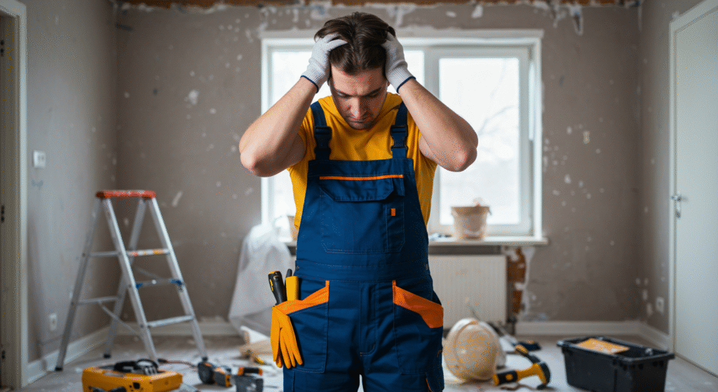 半分だけリフォームされた雑然とした部屋で、工具が散らばる中、作業着を着た人が疲れてうんざりした表情で立ちすくんでいる写真。