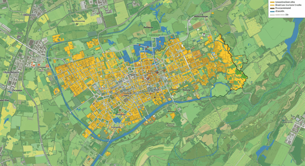 色分けされた都市計画図のイメージ。市街化区域と市街化調整区域が明確に区別され、住宅や商業施設のアイコンが市街化区域に、田畑や森林のアイコンが市街化調整区域に配置されている図。