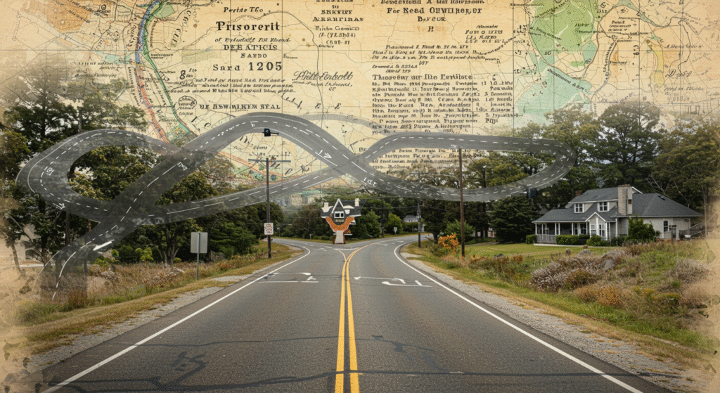 公衆用道路のイラストの上に、家屋や個人名義の登記簿謄本、古びた地図が重なっている画像。