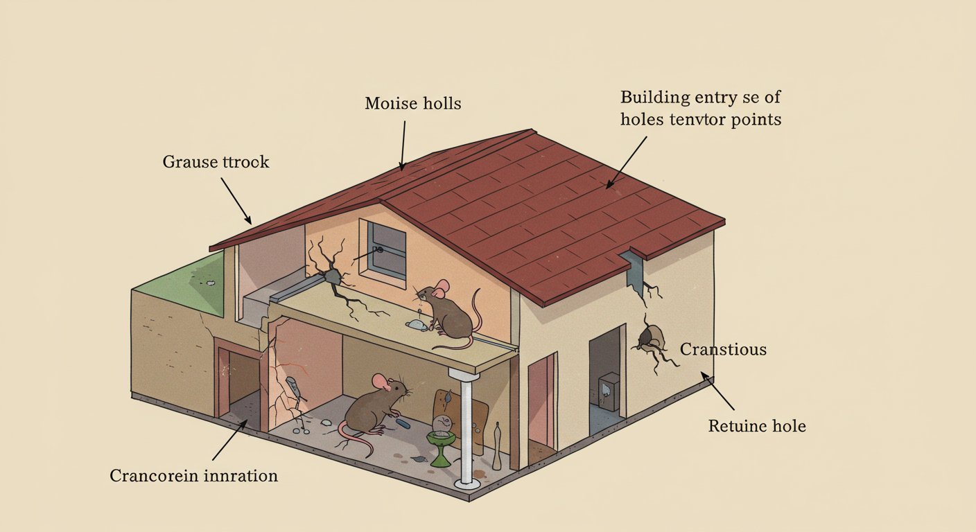 ネズミの侵入経路を示す建物の断面図のインフォグラフィック。基礎の隙間、壁の穴、屋根の隙間など、ネズミが侵入するポイントを矢印で強調している。