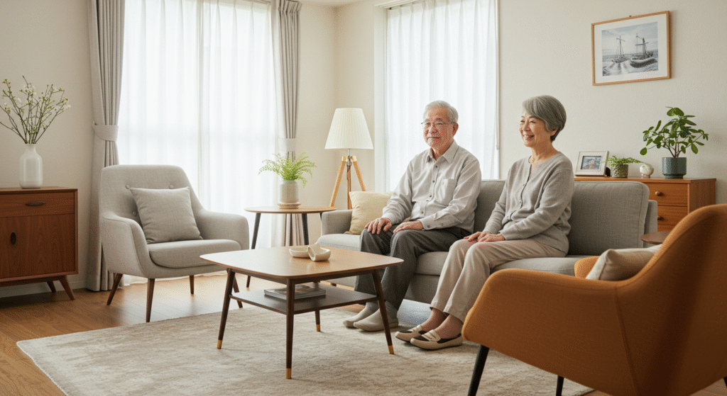 終身建物賃貸借制度を利用し、安心して暮らす高齢の夫婦。明るく、温かみのあるリビングで笑顔でくつろいでいる。