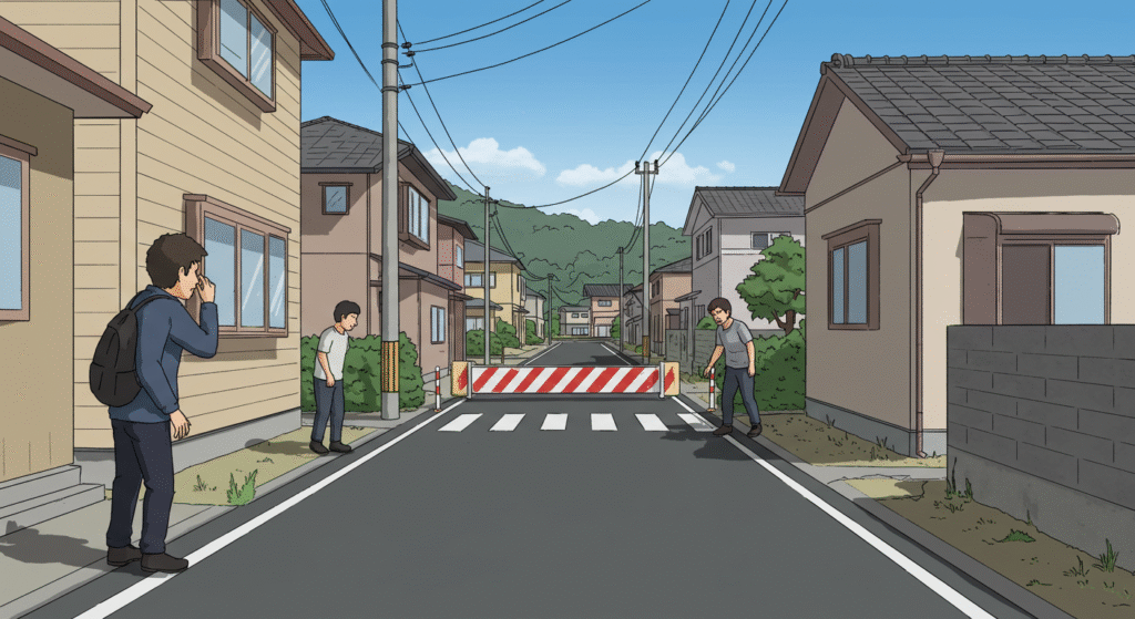 通行を巡るトラブルを象徴的に表現した画像。