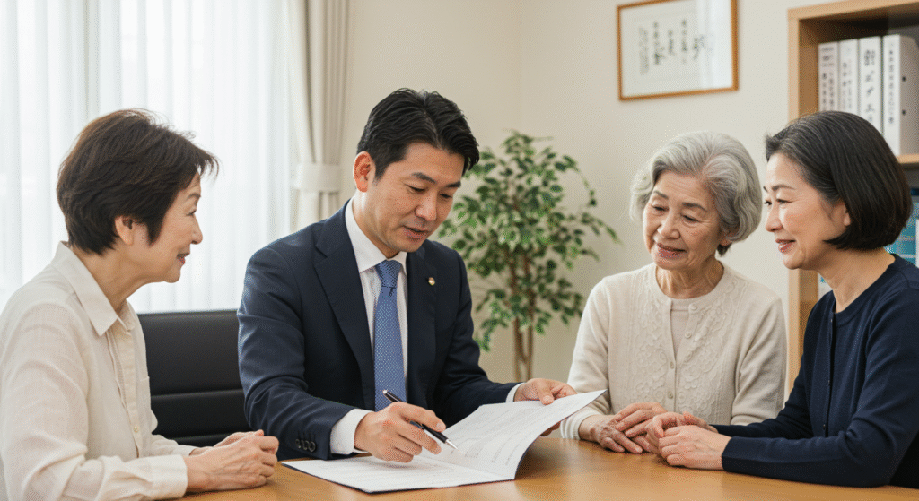 信頼できる事業者。村上行政書士事務所の専門家が、終身建物賃貸借制度の契約書について、高齢者とその家族に丁寧に説明している様子